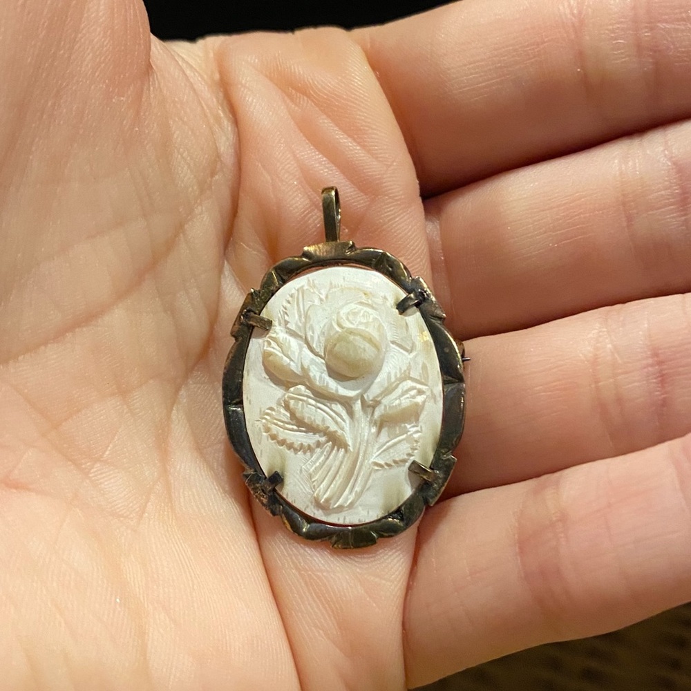 Vintage Carved Bone and Sterling Silver Rose Pendant / Brooch